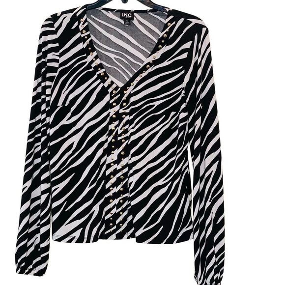 INC International Concepts Zebra Print Studded Long Sleeve Top Black White Sz XS - Picture 1 of 3